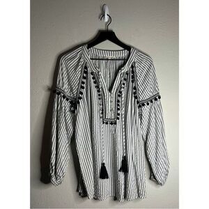 Cotton Bleu Striped Embroidered Pom Pom Tassel Top Size S